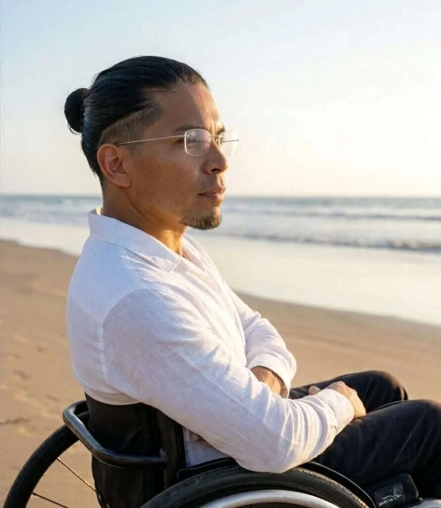 Miguel Ángel, fundador y director creativo de CreatixNova, en la playa al atardecer